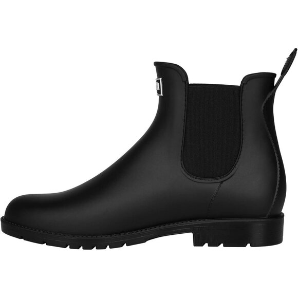 Women's New Black Pointed Toe Waterproof Chelsea Double Elastic Ankle Rain Boots - Picture 2 of 6